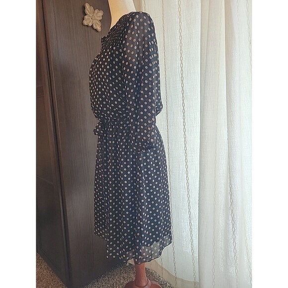 Enfocus Studio Blouson Dress Black Tan Polka Dot Bow Tie Waist Size 10‎ - Picture 2 of 8